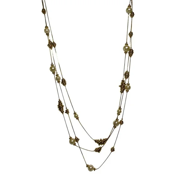 Vintage 70s Multi Strand Faux Pearl Gold Tone Bangle Beads Multi Chain Necklace - Picture 2 of 5